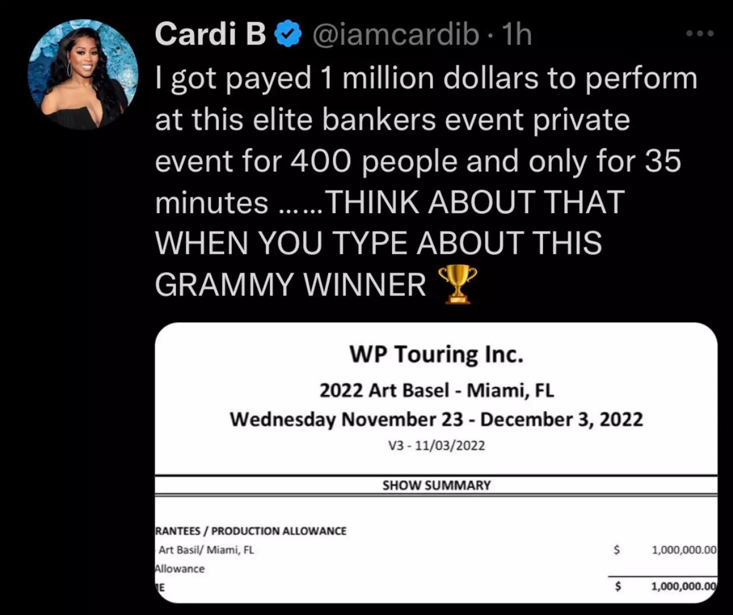 The rapper showed off her hefty payslip in a now-deleted tweet.