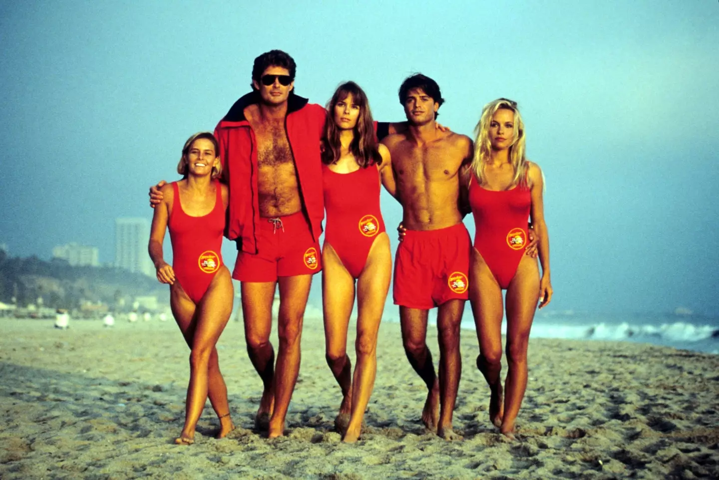 Nicole Eggert, David Hasselhoff, Alexandra Paul, David Charvet, Pamela Anderson on the set of Baywatch, 1992.