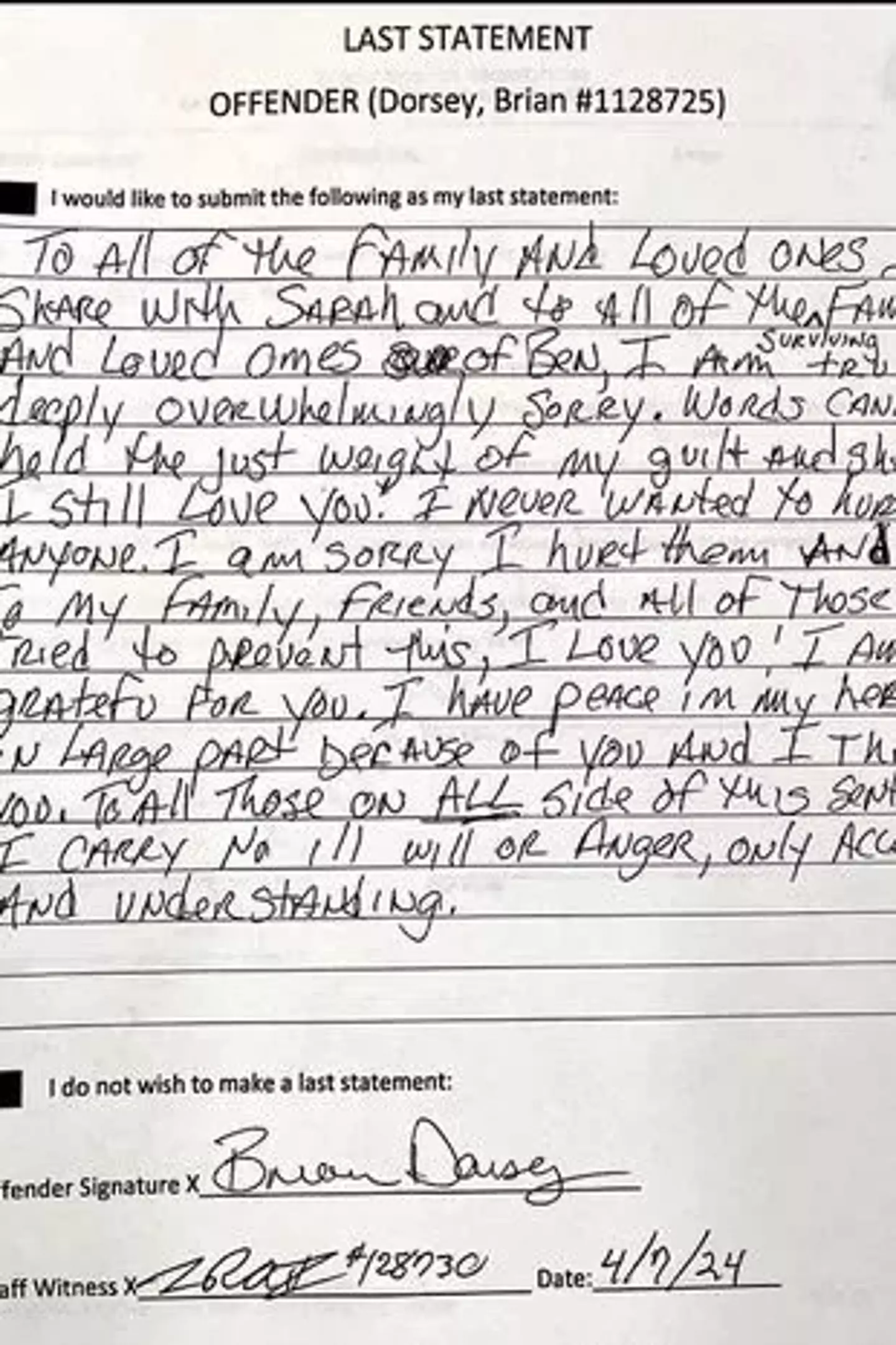 Dorsey's final written statement. (Missouri Department of Corrections)