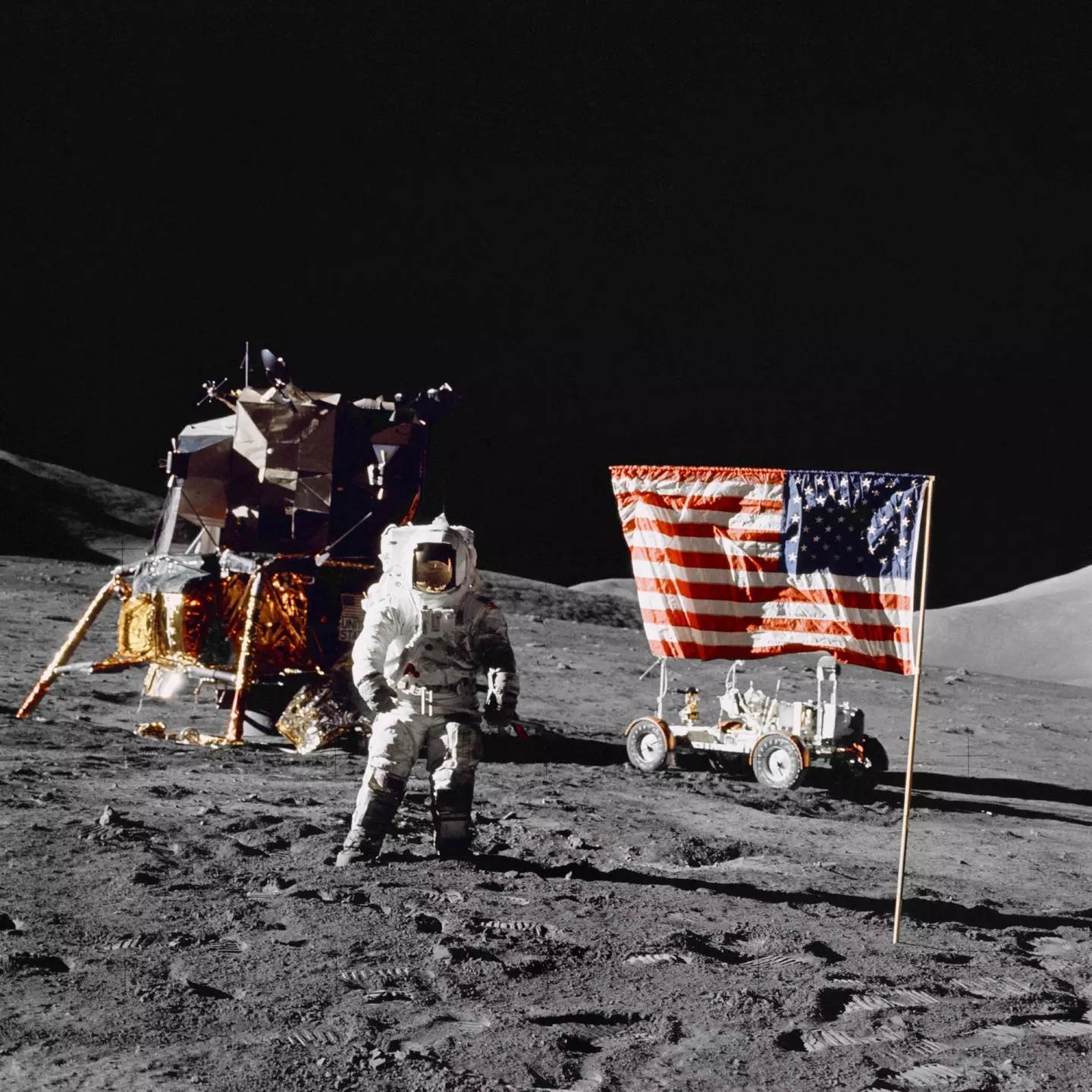 Harrison H. Schmitt pictured on the face of the moon.