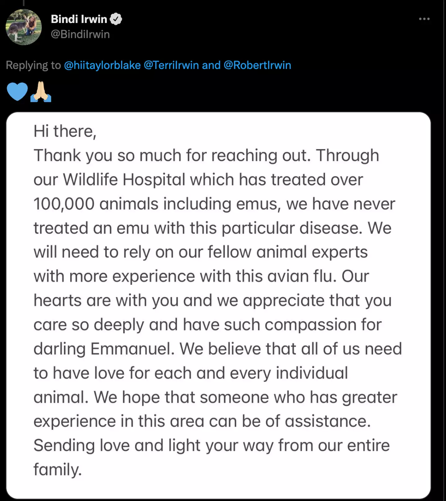 Bindi Irwin replied to Blake with a statement on Twitter.