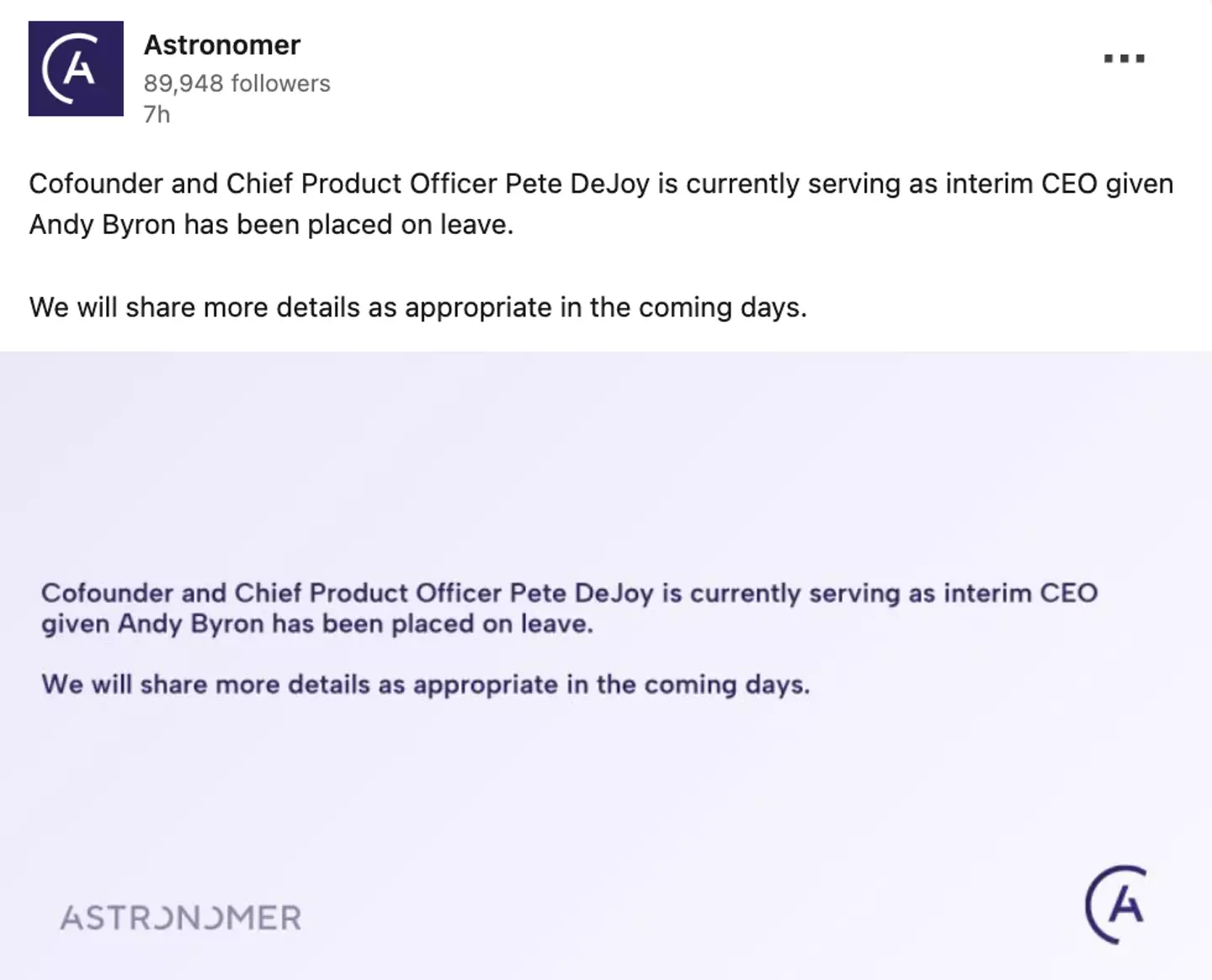 Astronomer has issued an update on its CEO Andy Byron (LinkedIn)
