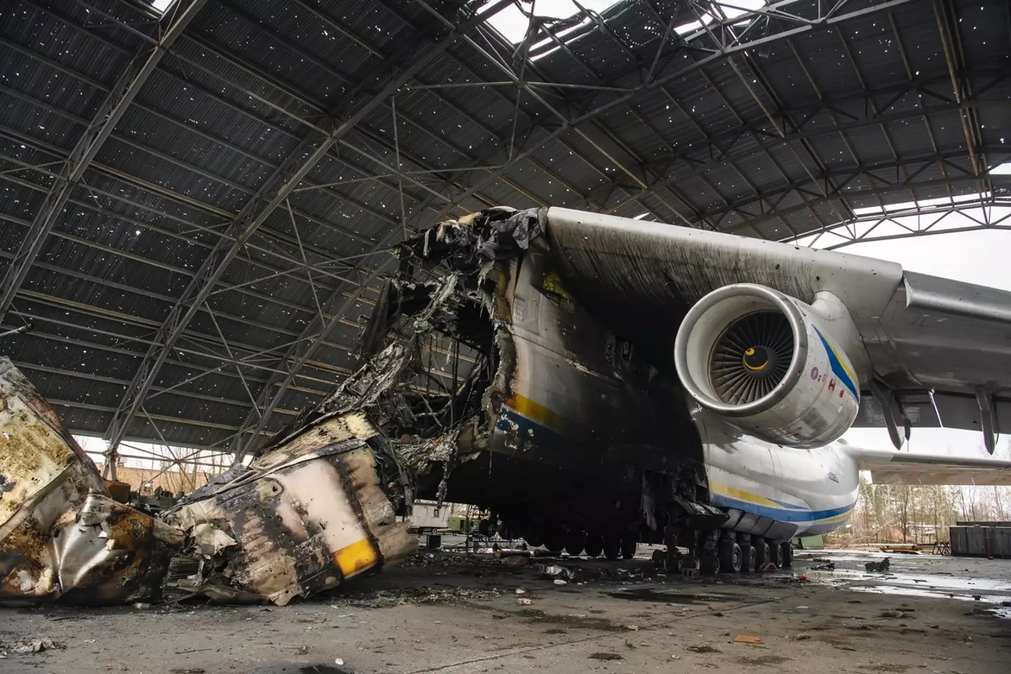 The wreckage of the world's largest cargo plane Antonov An-225.