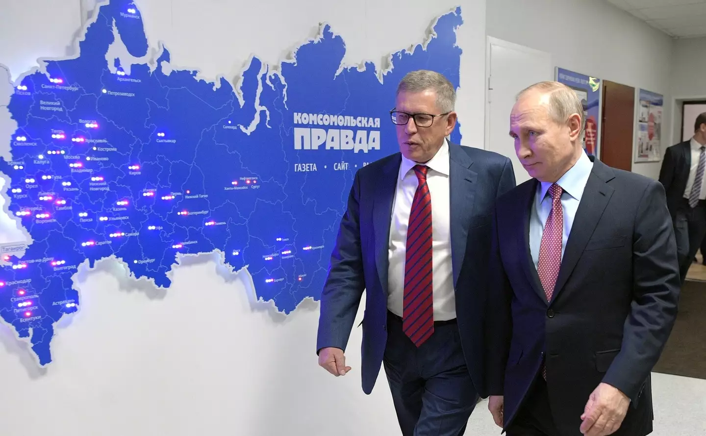 Russian President Vladimir Putin with Vladimir Sungorkin prior to a meeting with Russian journalists in 2018.