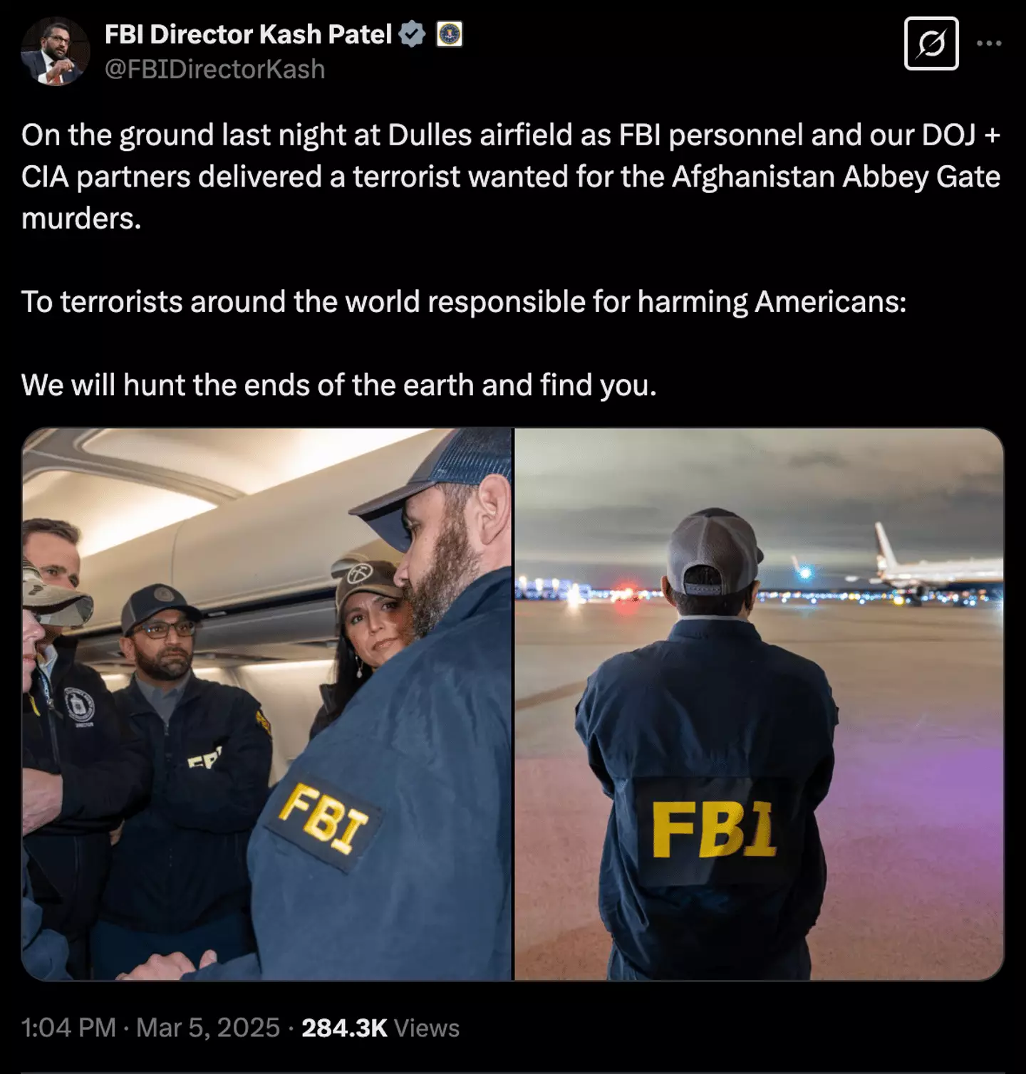 The update was confirmed by FBI Director Kash Patel (Twitter/ @FBIDirectorKash)