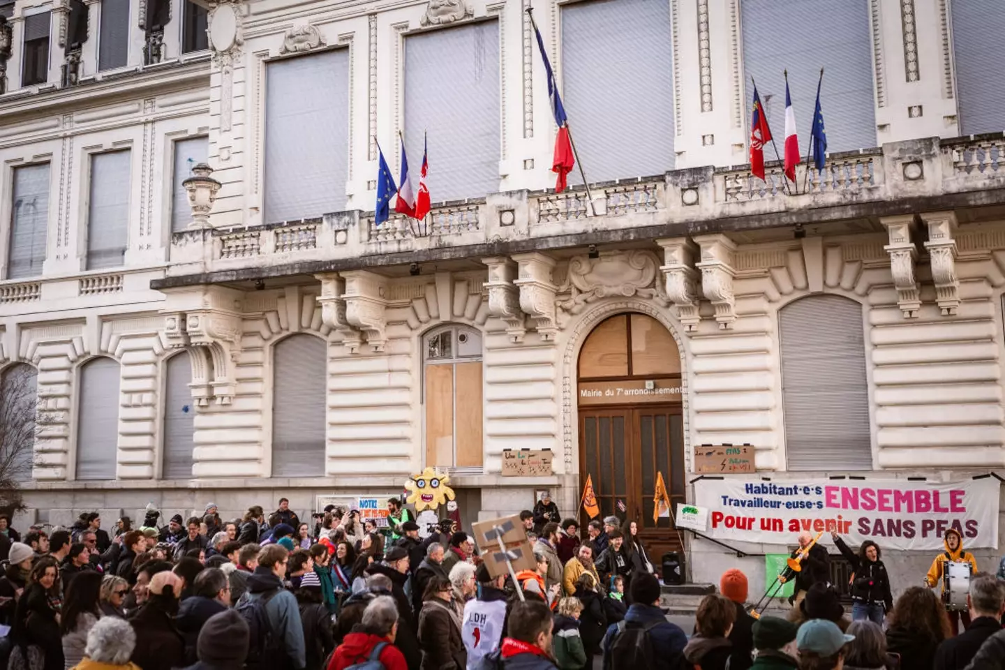 Protestors rally to vote at the national assembly on a law banning PFAS in Lyon, France, in February this year (ELSA BIYICK/Hans Lucas/AFP via Getty Images)