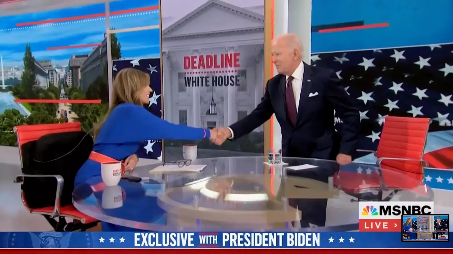 Biden shook hands with MSNBC host Nicolle Wallace after the interview.