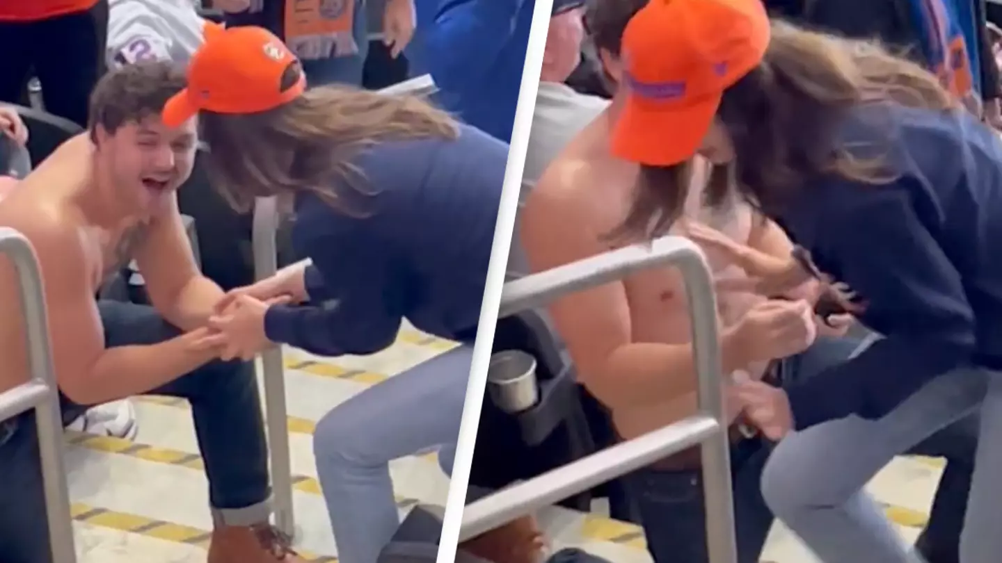 Man brutally turned down after topless proposal at hockey match