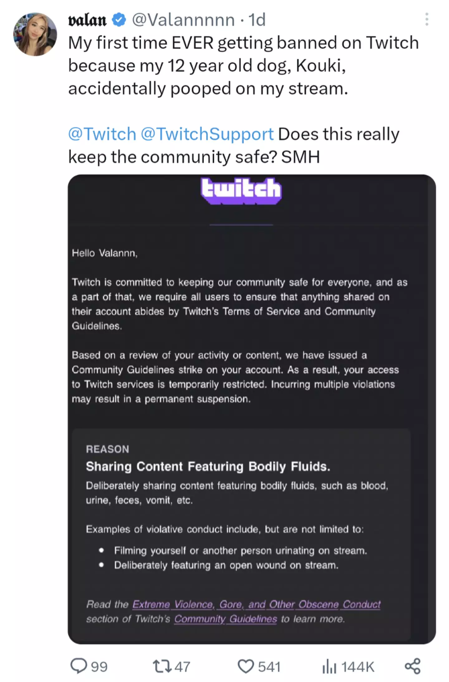 Valannn faced a one-day ban after her dog pooped.