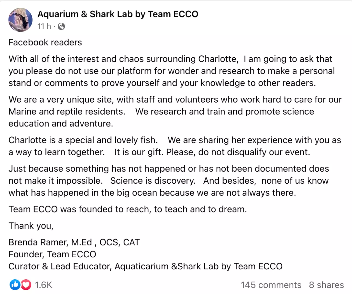 The aquarium posted on their social media. Credit: