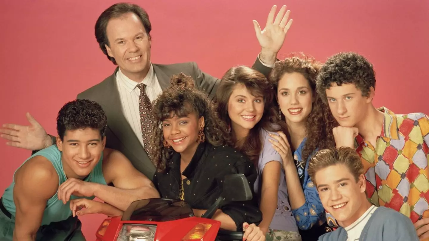 The cast of Saved by the Bell, with Gosselaar (bottom right) and Voorhies (left centre).