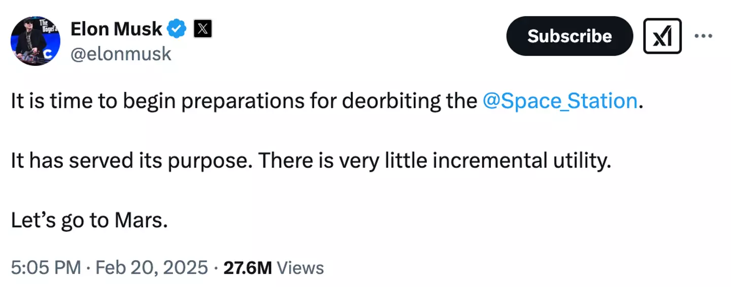 Elon Musk gave an update on SpaceX's plans on deorbiting the ISS (Twitter/@elonmusk)