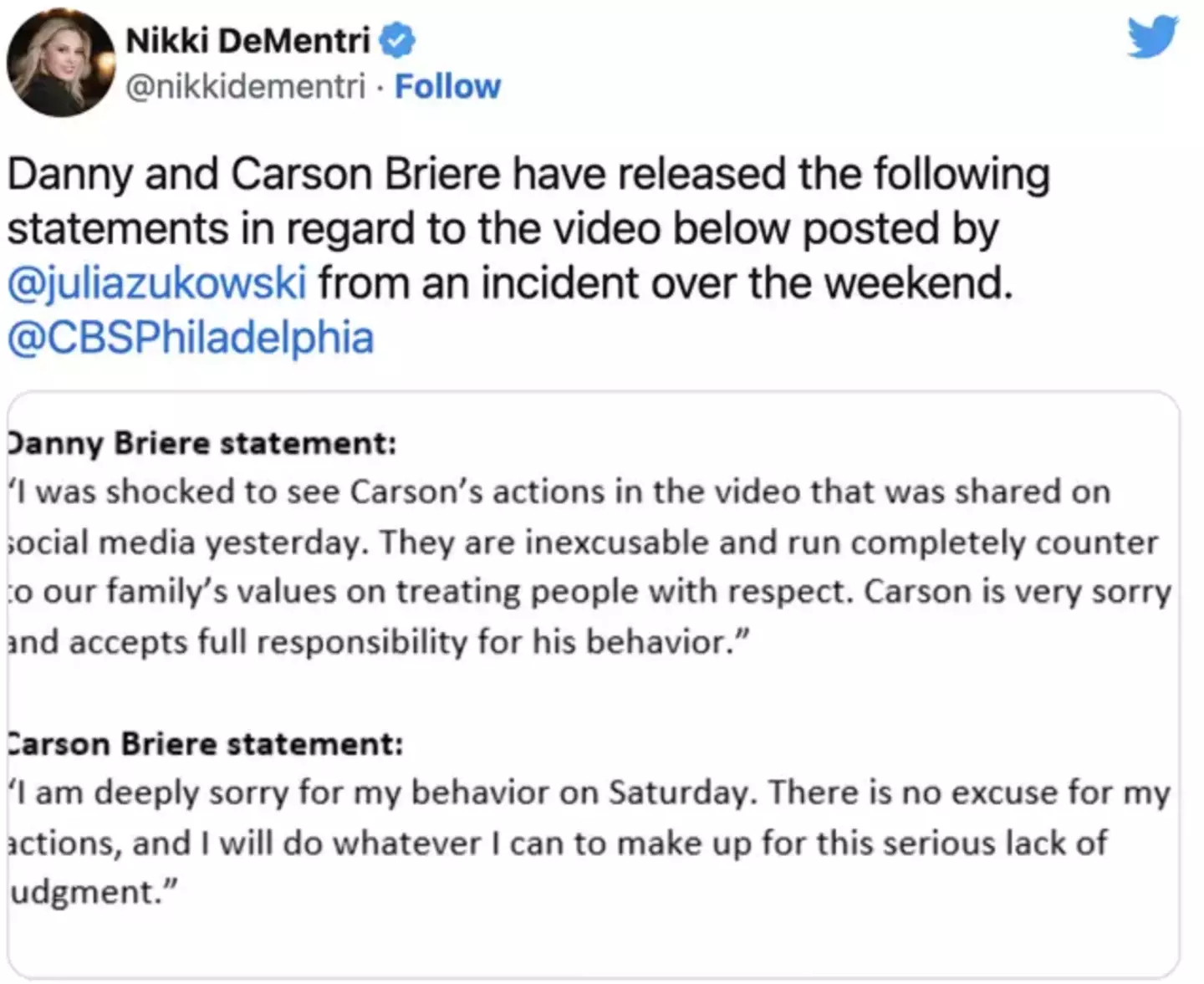 Briere apologised after the incident.