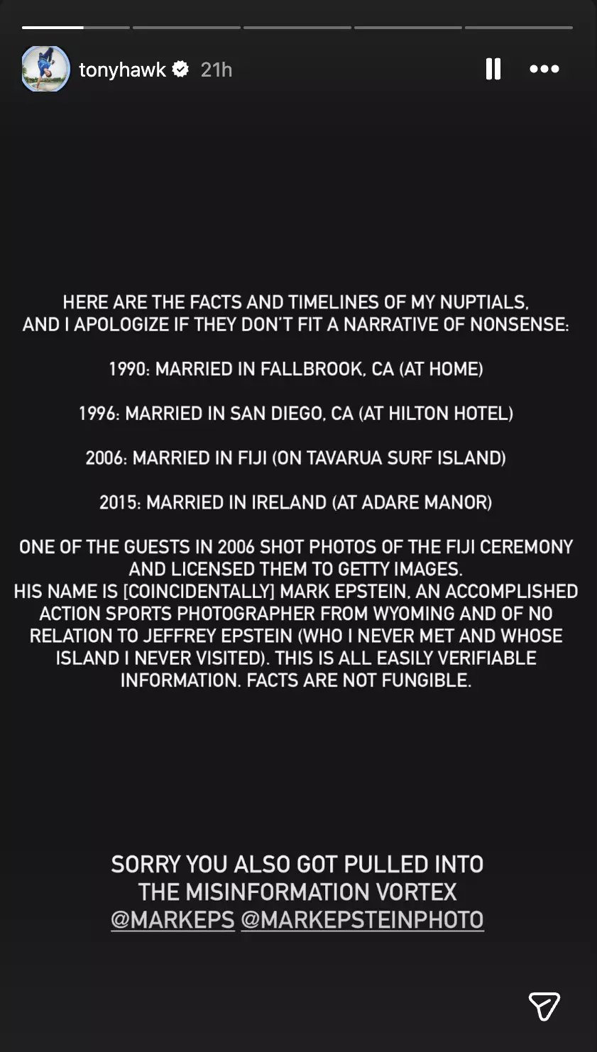 The post shared to Tony Hawk's Instagram stories (Instagram/tonyhawk)