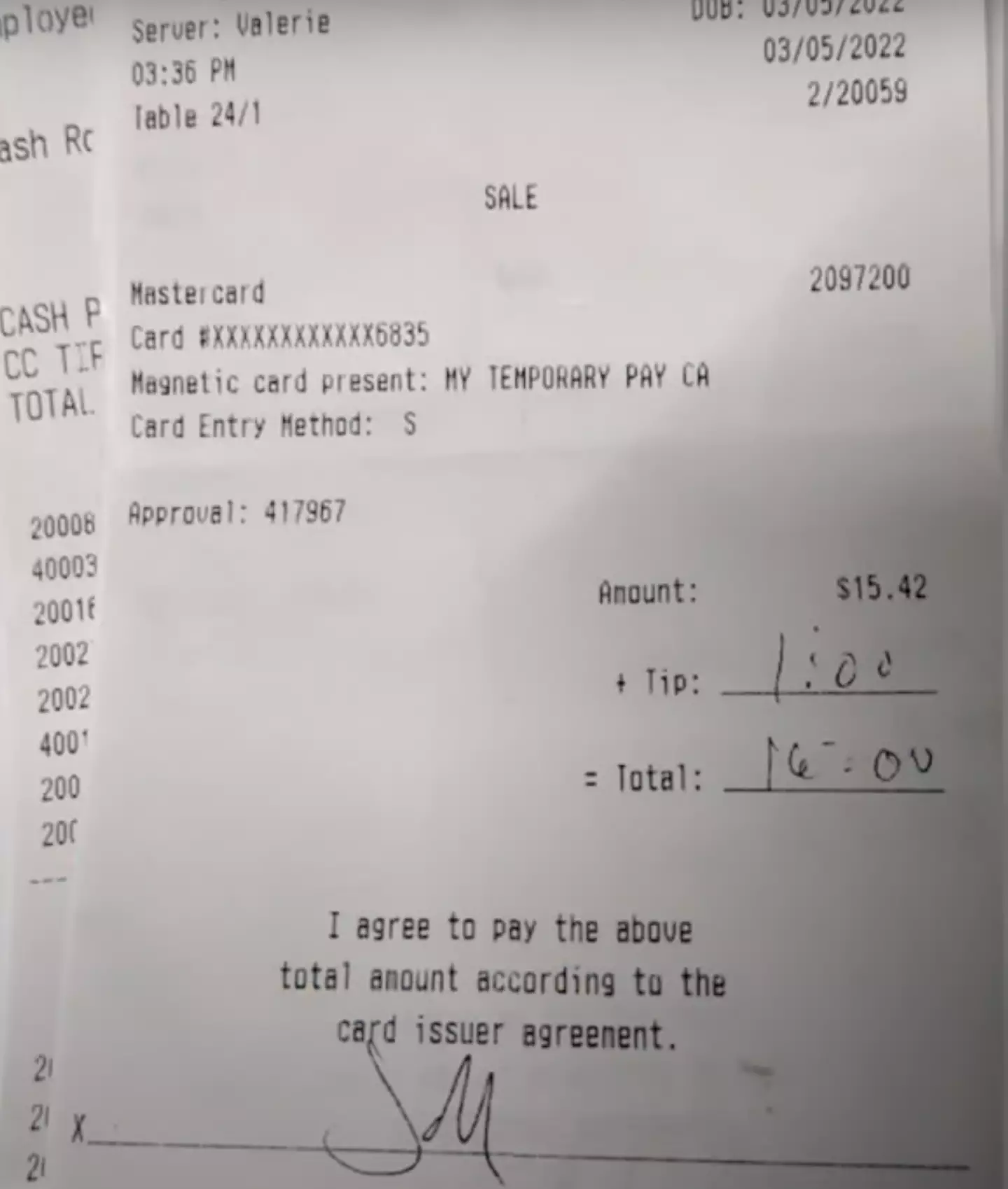 The receipt baring the 'mystery initials'. (WESH 2 News)