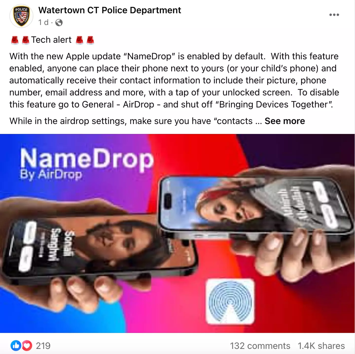 Watertown CT Police Department spoke out about the feature in a post to Facebook.
