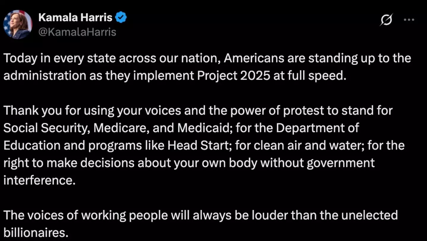 Kamala Harris showed her support for the 'Hands Off!' protests (kamalaharris/X)