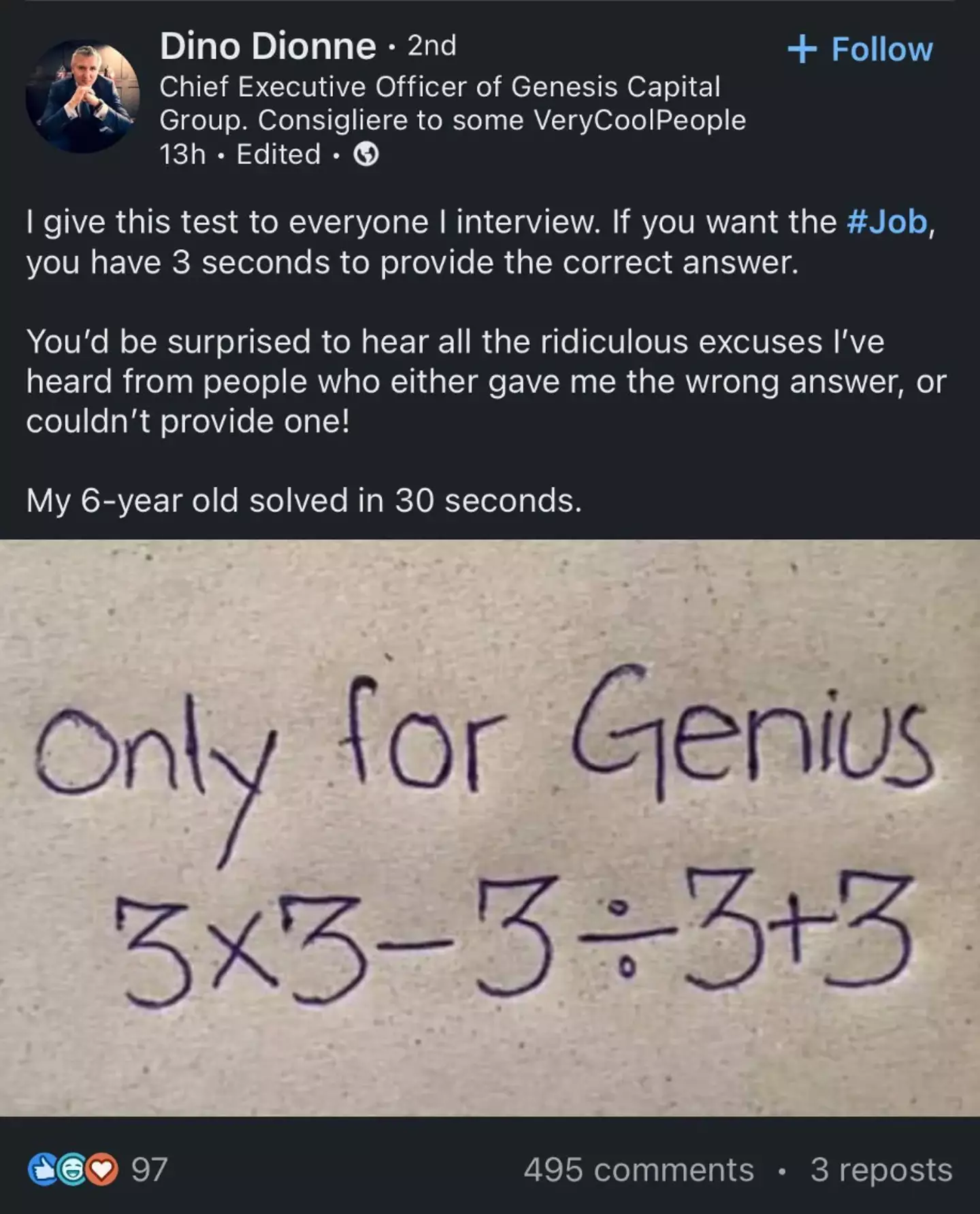 The CEO claimed his six-year-old managed to complete the task (LinkedIn/Dino Dionne)