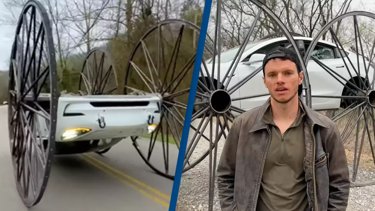 Tesla owner divides opinion by customizing vehicle with 10-foot buggy wheels and driving it upside down