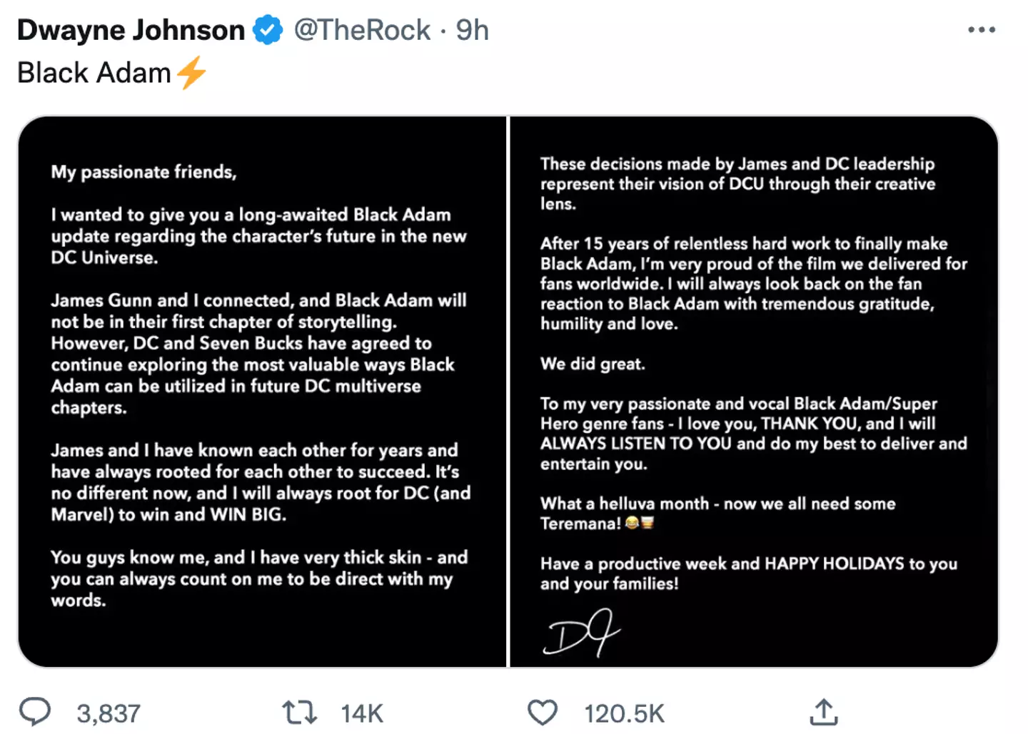 Johnson opened up about the future of Black Adam on Twitter.