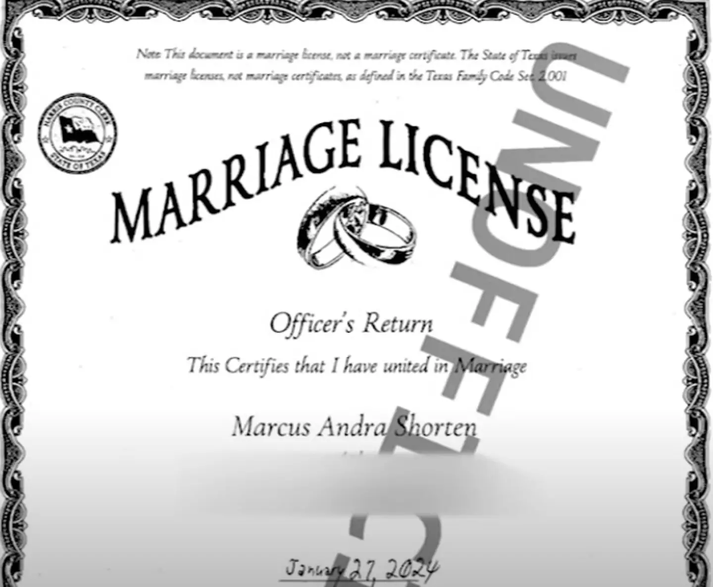 A wedding certificate naming Marcus (ABC13 Houston)