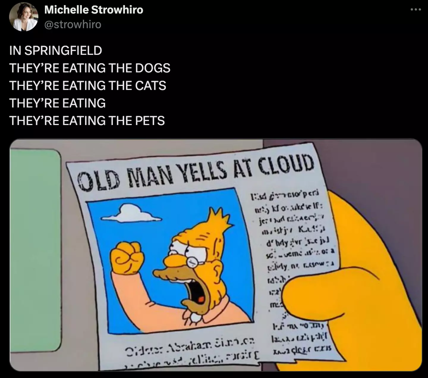 Hilarious post referencing Donald Trump's cats and dogs speech (X/@strowhiro)