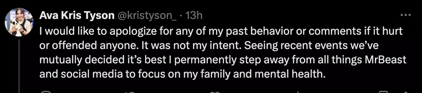 Tyson has said she's decided to 'permanently step away' from MrBeast (X/ @kristyson)