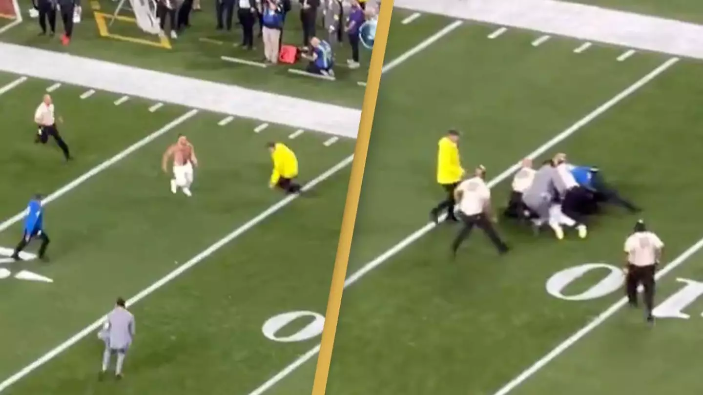 Wild fan runs on field at Super Bowl and gets tackled by security during the game
