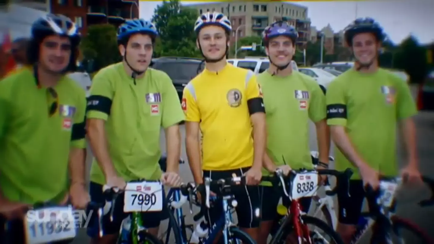 Sam Ballard (center) participating in a bike race. Credit TheProjectTV