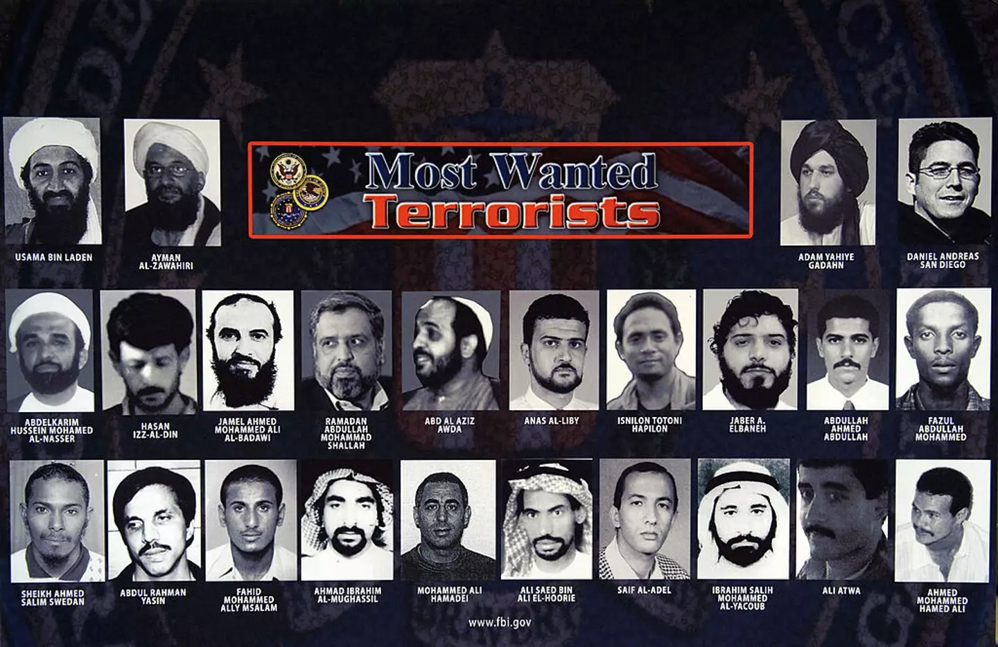 A picture of the FBI's most wanted list in 2009, when Daniel Andreas San Diego was placed alongside Osama Bin Laden (MANDEL NGAN/AFP via Getty Images)