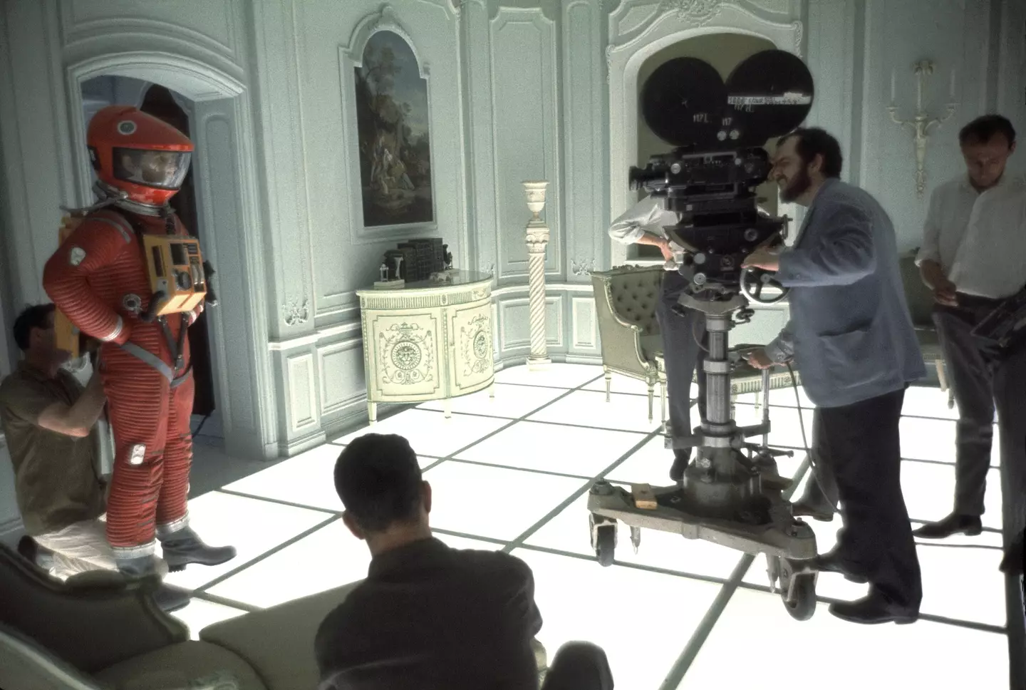 Stanley Kubrick behind the scenes of 2001: A Space Odyssey.