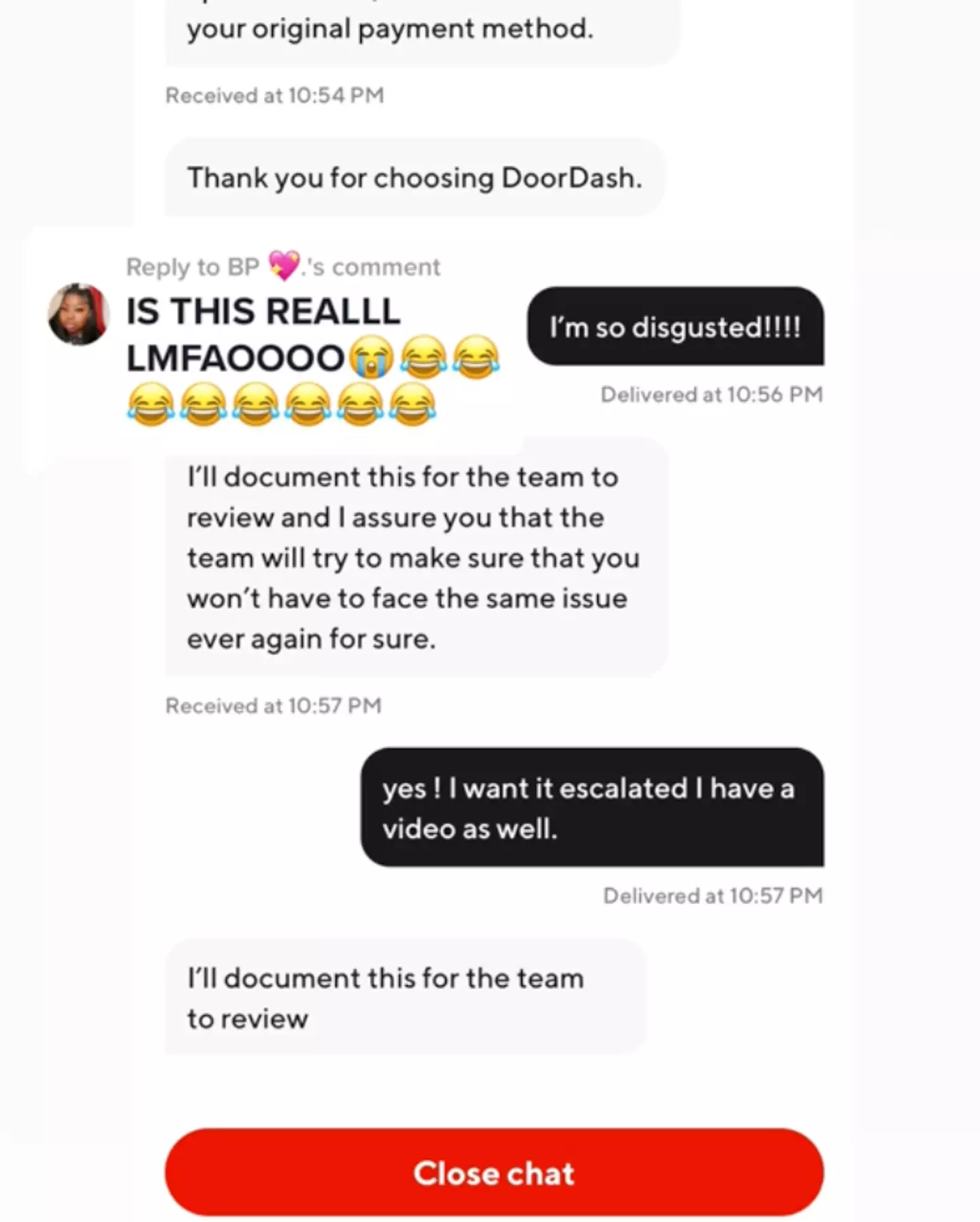 The TikToker showed the conversation she had with DoorDash and was able to get a refund.