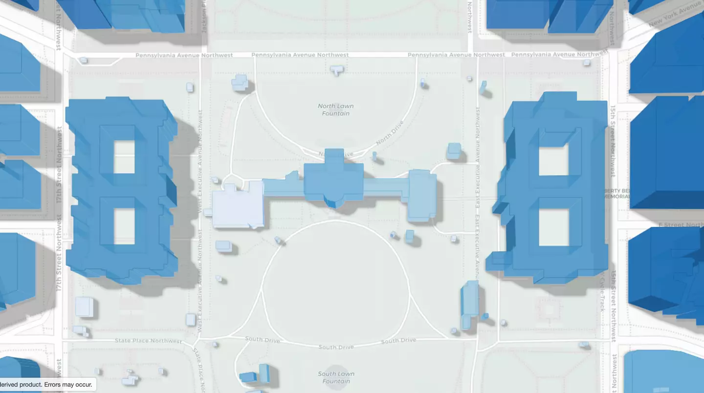As the tool was created in 2019, the East Wing of the White House is still standing on the map (GlobalBuildingAtlas)
