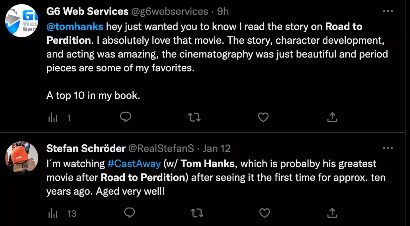 Hanks fans have flocked to Twitter in support of 'Road to Perdition'.