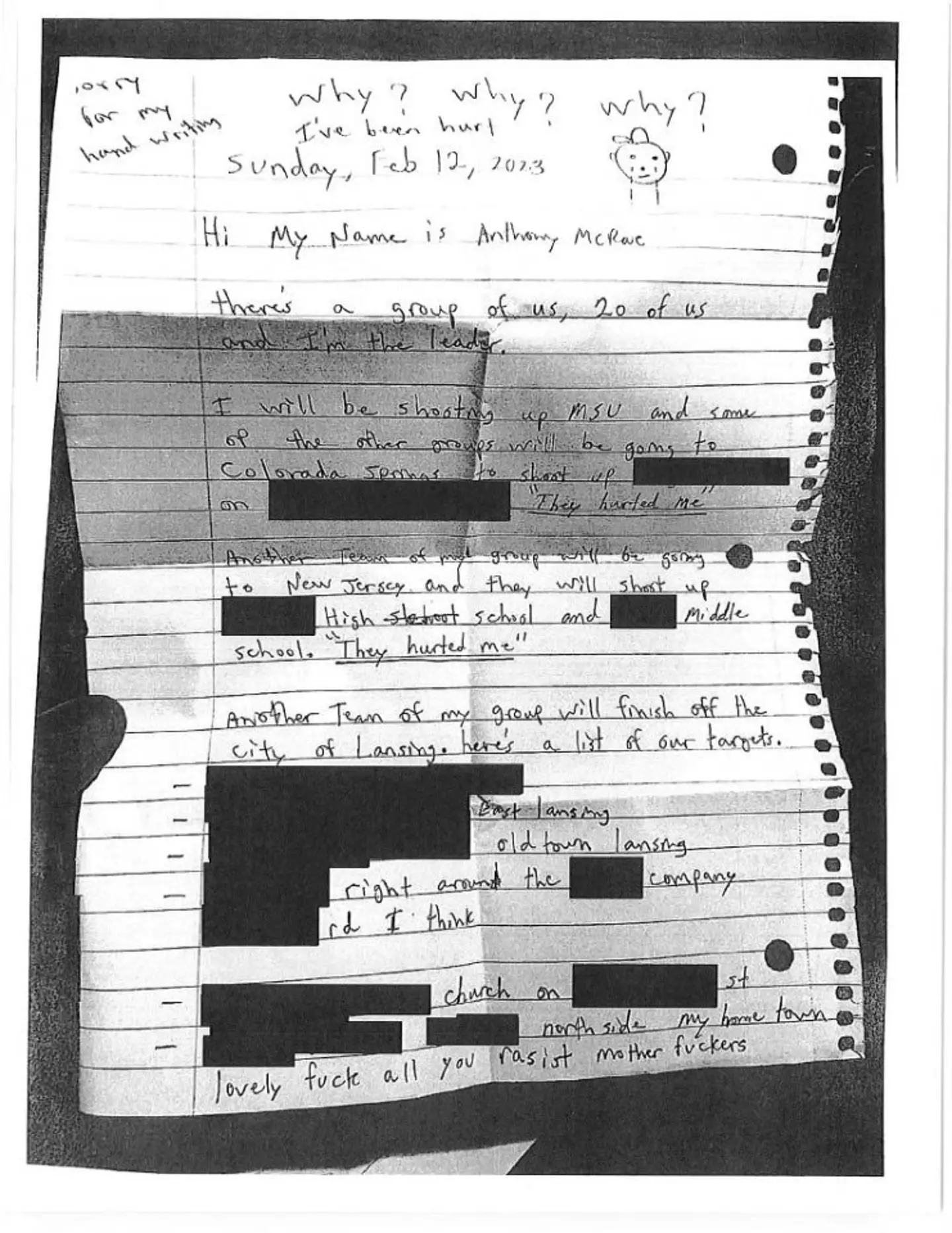 The disturbing letter was shared by police.
