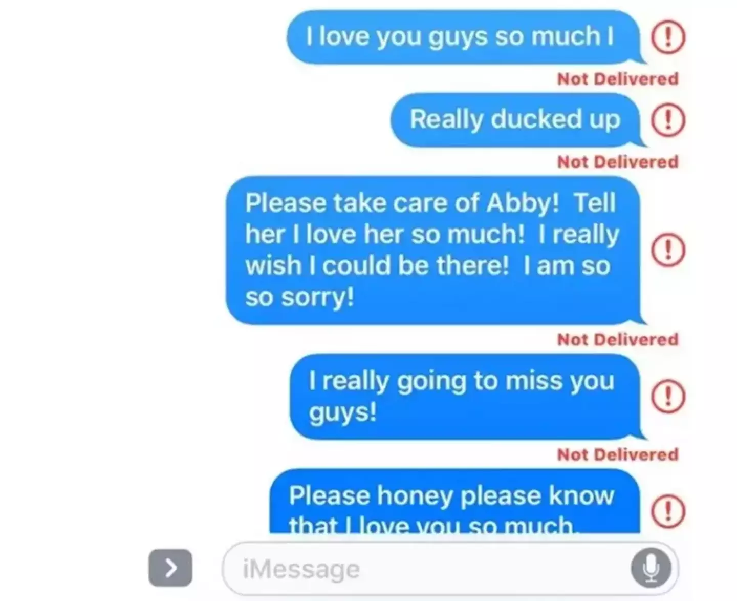The texts Jeremy tried to send to his wife.