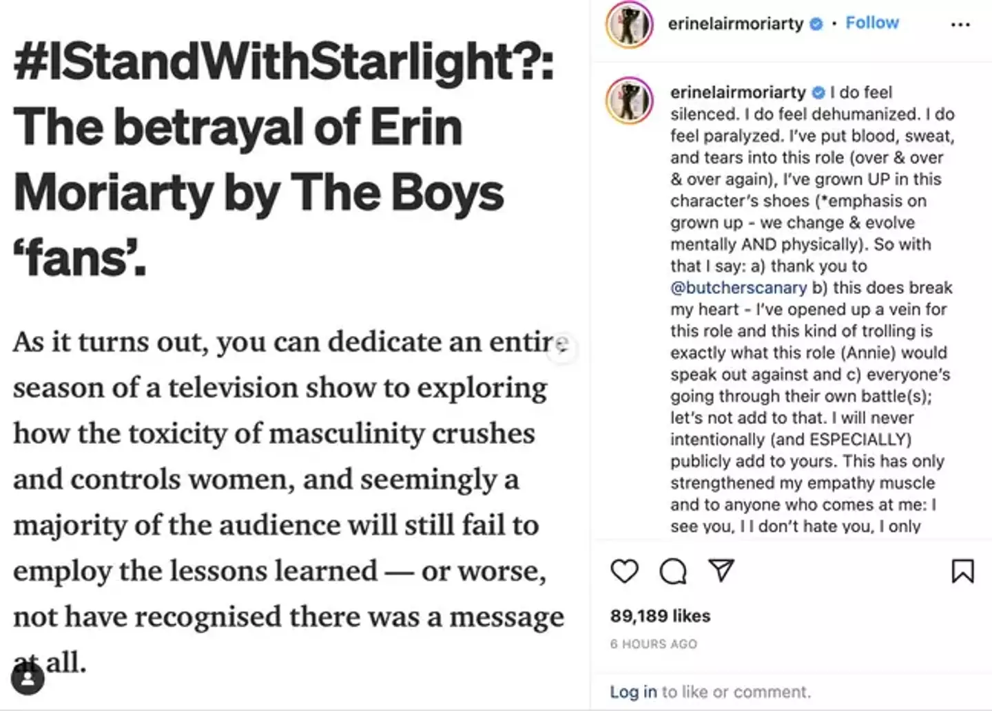 The Boys star Erin Moriarty called out misogynistic fans for abusing her.