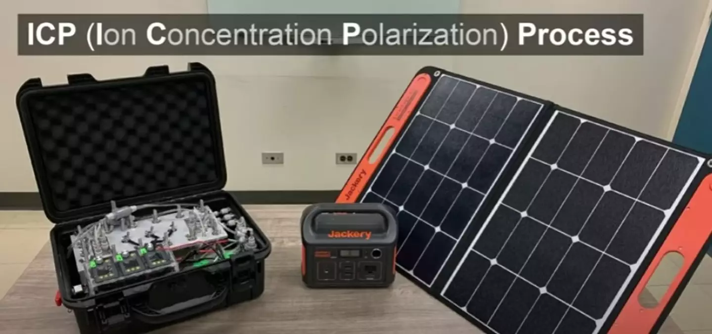 The suitcase-sized device can be charged using a portable solar panel (