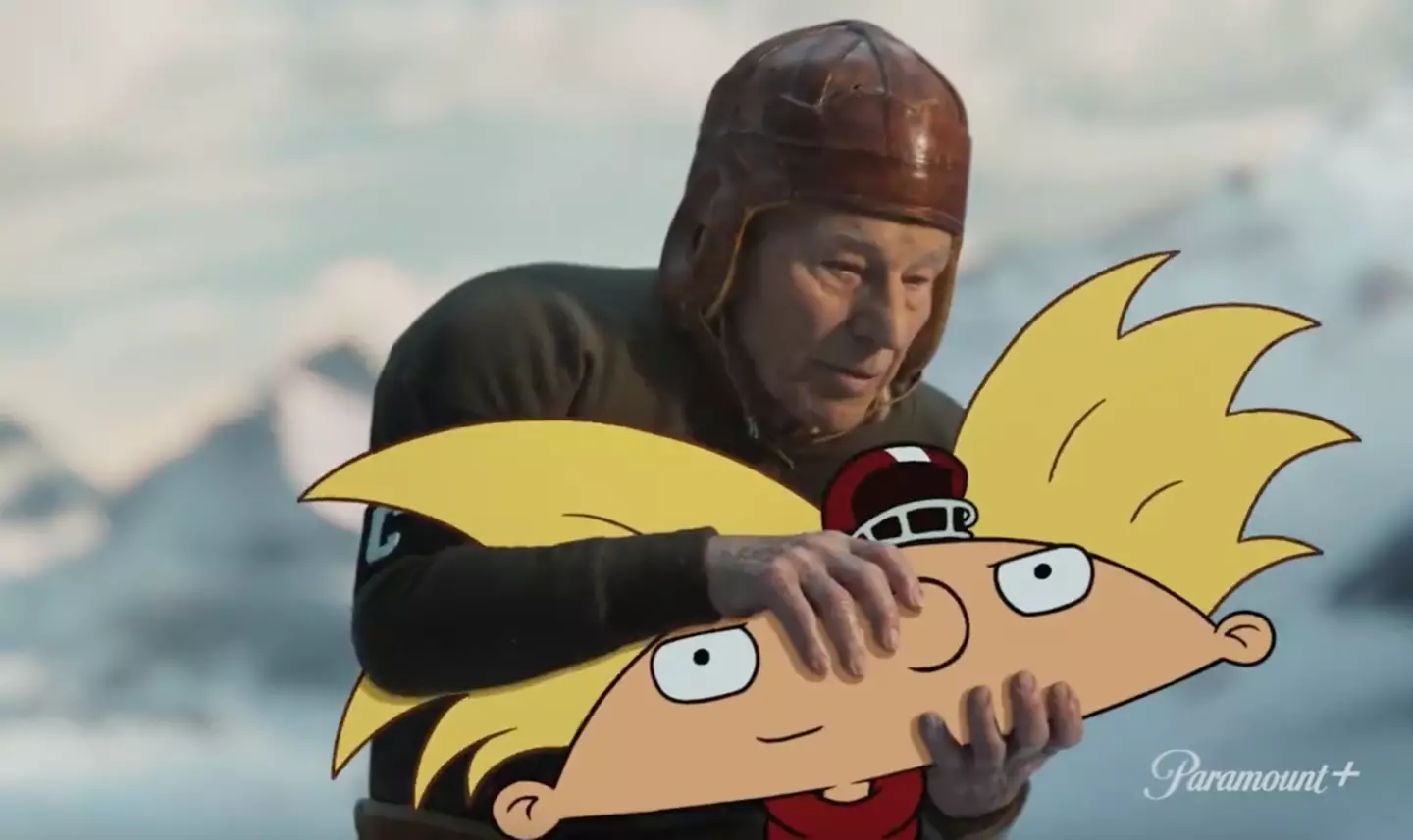 Sir Patrick Stewart throws Arnold like a football.