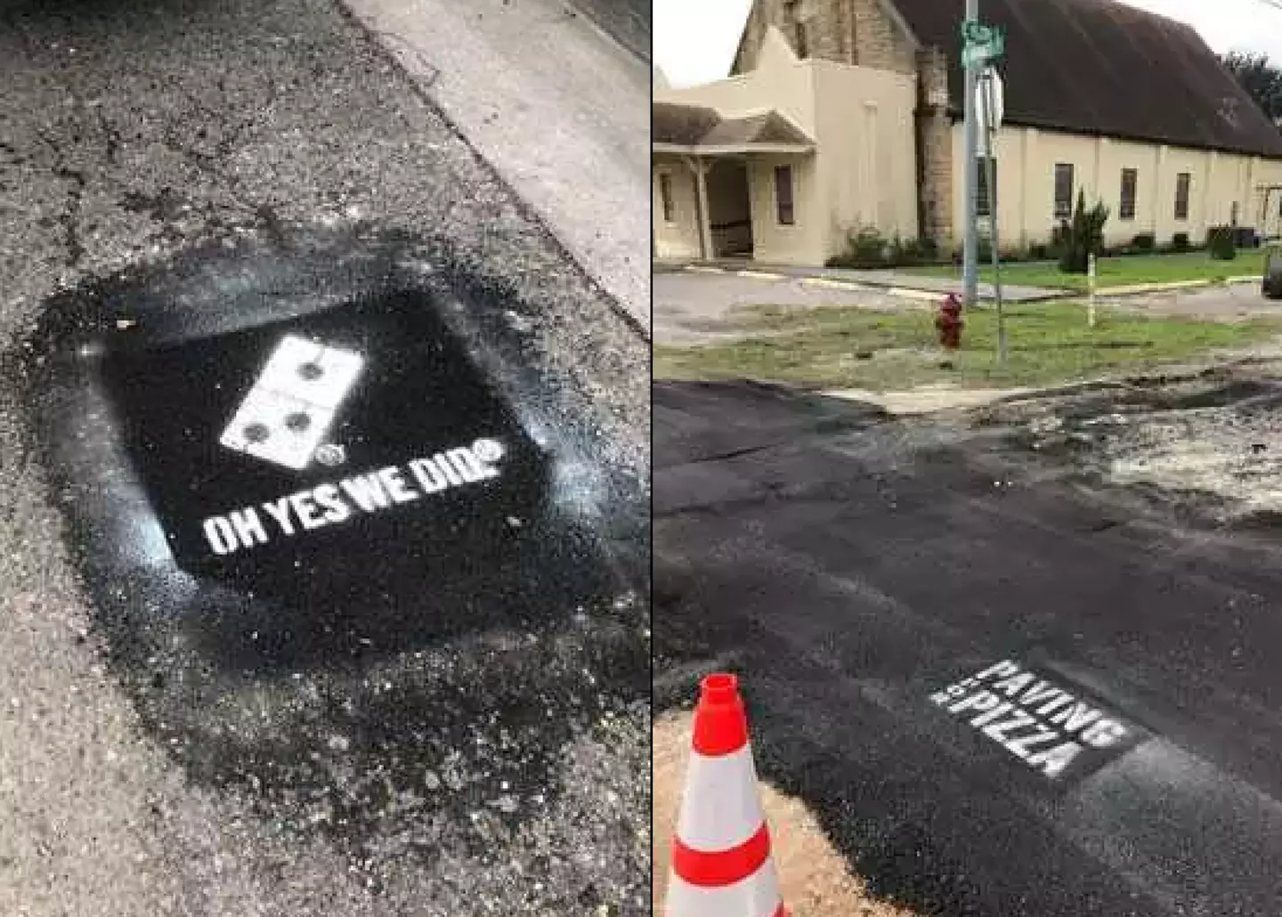 Some of the potholes were branded with the Domino's logo.