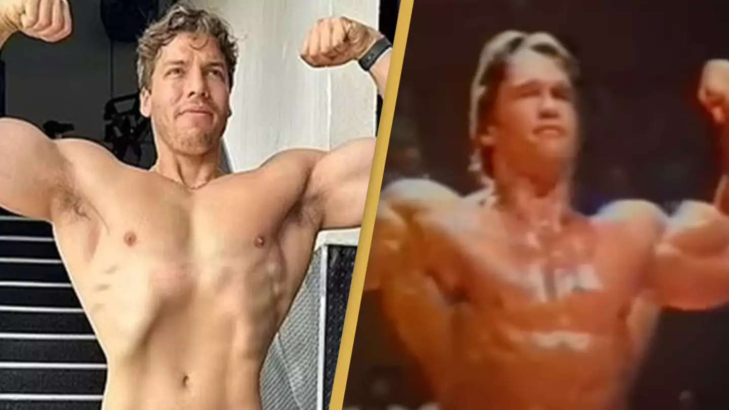 Arnold Schwarzenegger's son is starting to catch up to his dad in lifting weights as he recreates iconic pose