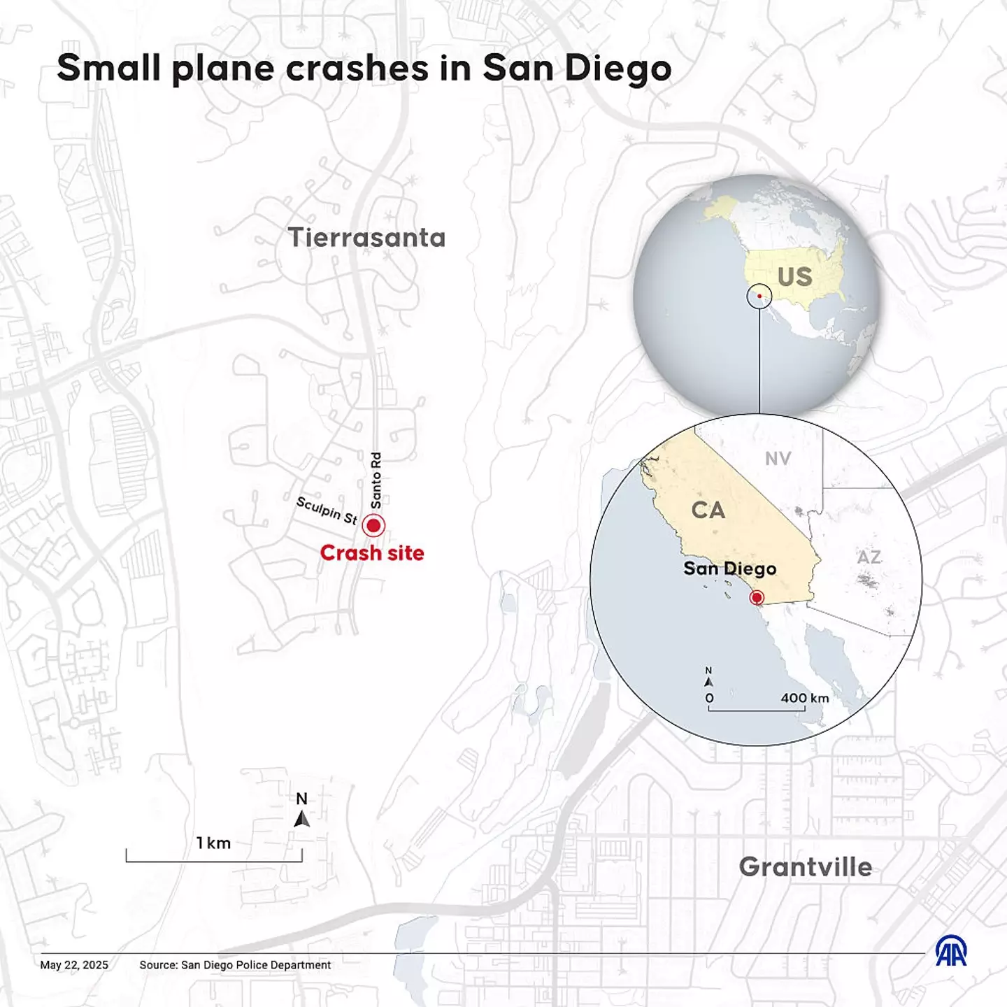 The location of where the plane crashed in San Diego (Mehmet Yaren Bozgun/Anadolu via Getty Images)