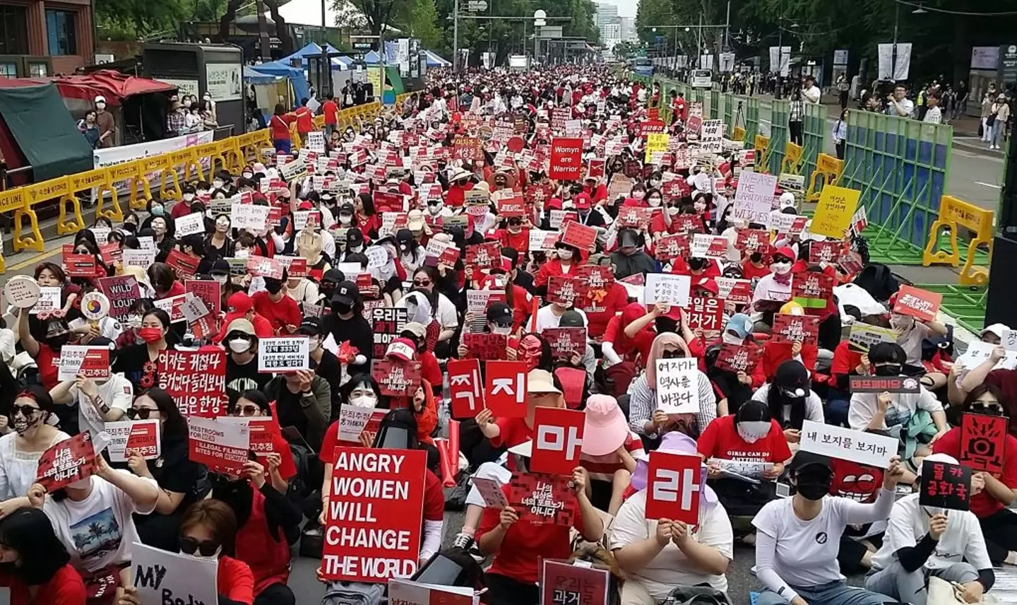 South Korean women staging a monthly protest against secretly-filmed spycam pornography in Seoul, back in 2018 (JUNG HAWON/AFP via Getty Images)