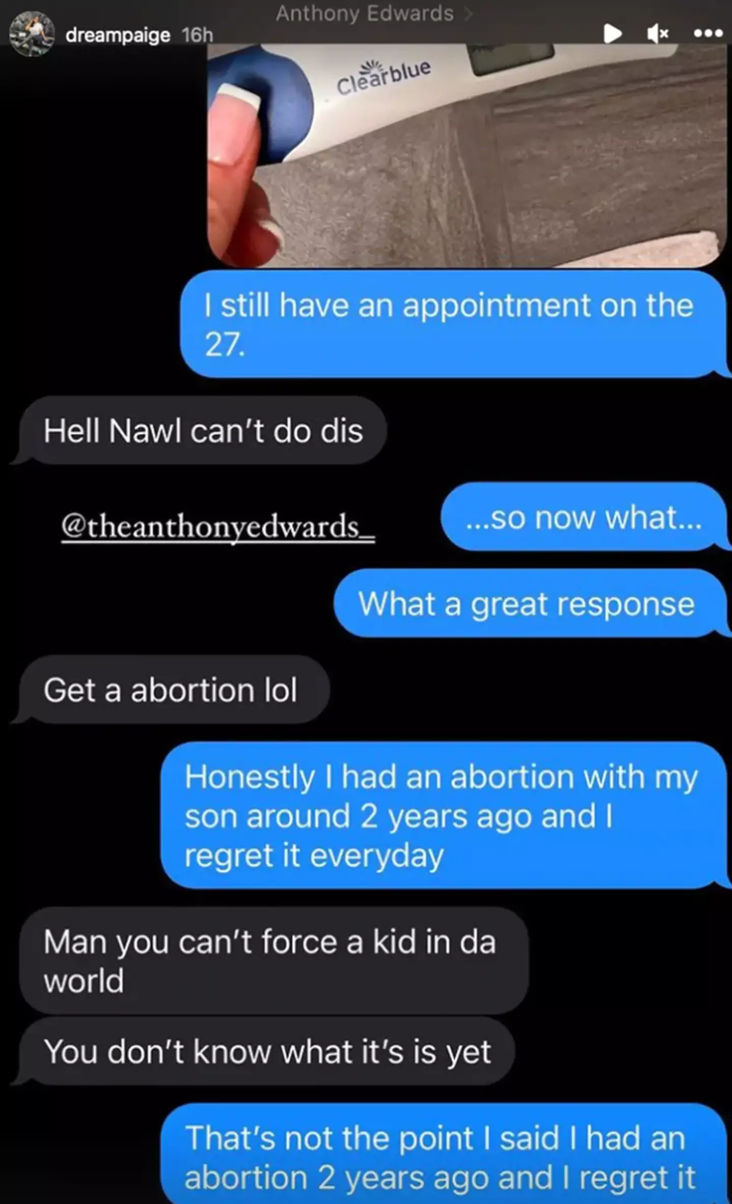 Model Paige Jordae shared screenshots of a text message conversation with Edwards regarding her pregnancy.