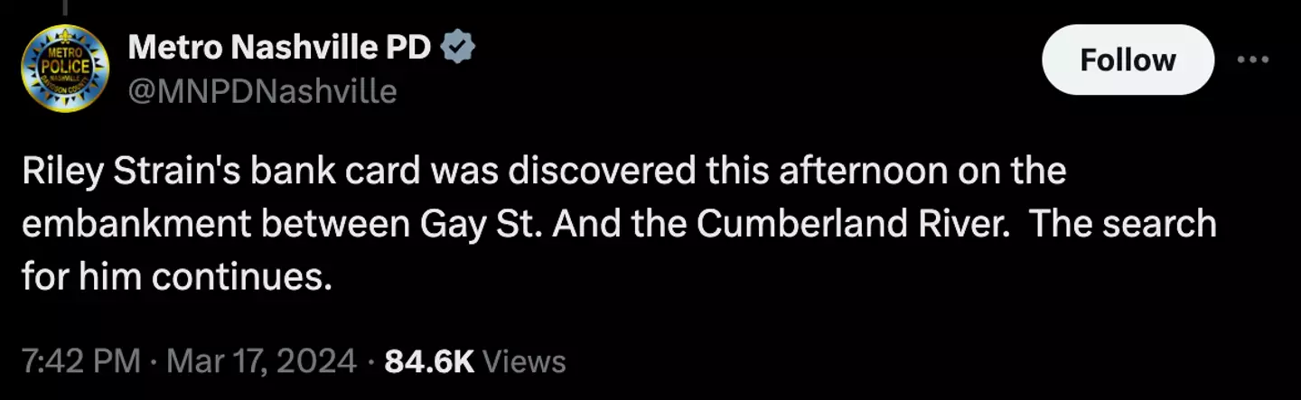 Riley's bank card was discovered on 17 March.