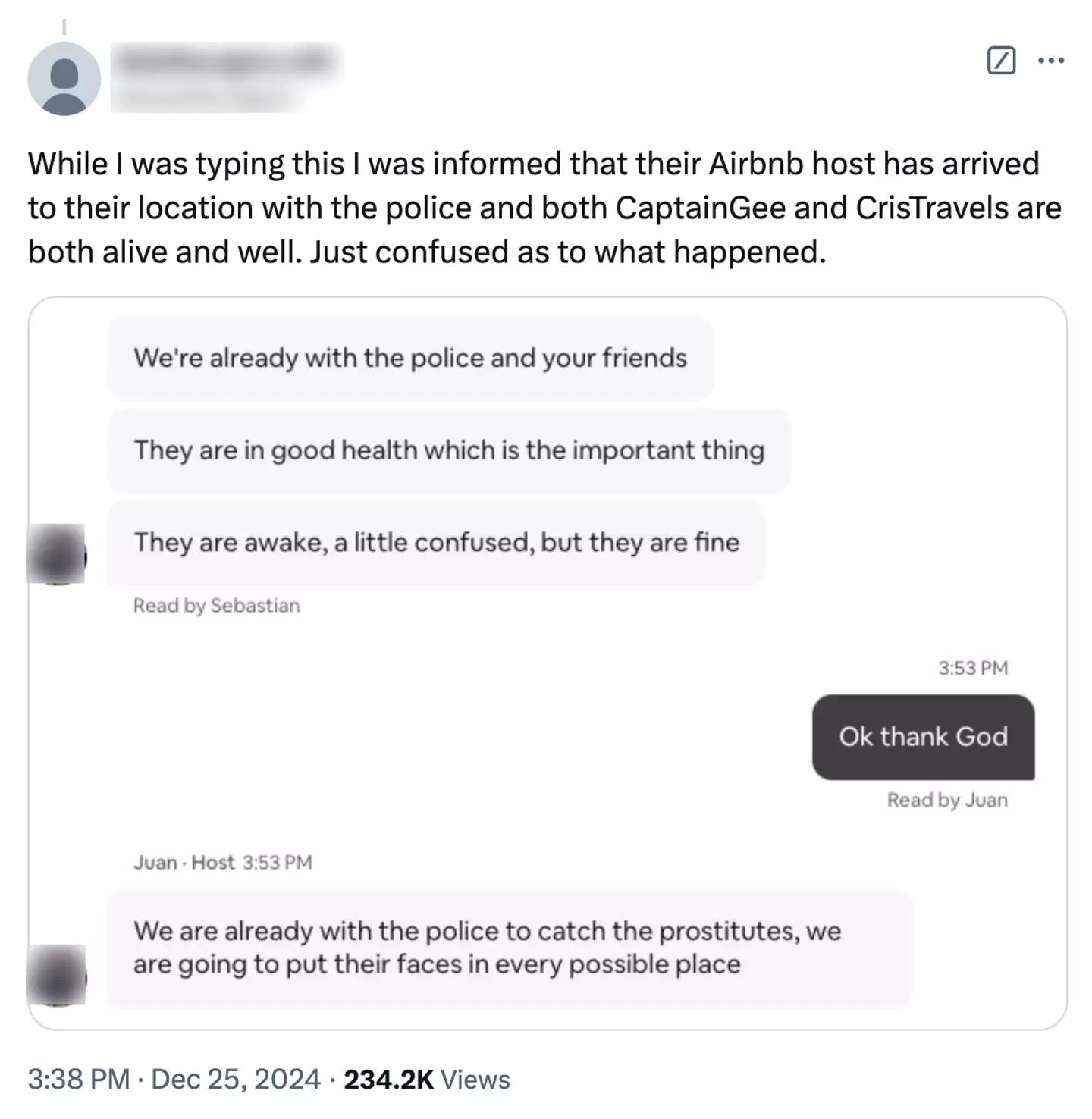 The AirBnb host confirmed that the pair were okay (Twitter)