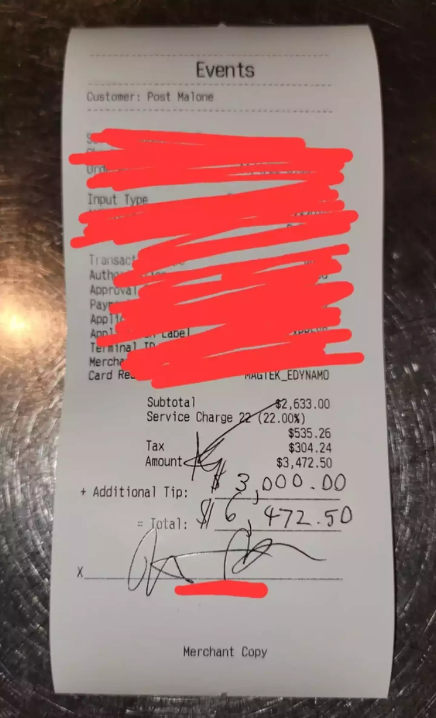 A generous tip Post Malone has left to another service worker (Reddit/u/SpecialistCorgi)