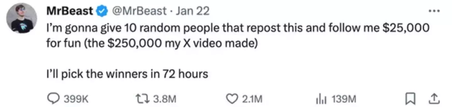 MrBeast said he would give away all of his X earnings to fans.