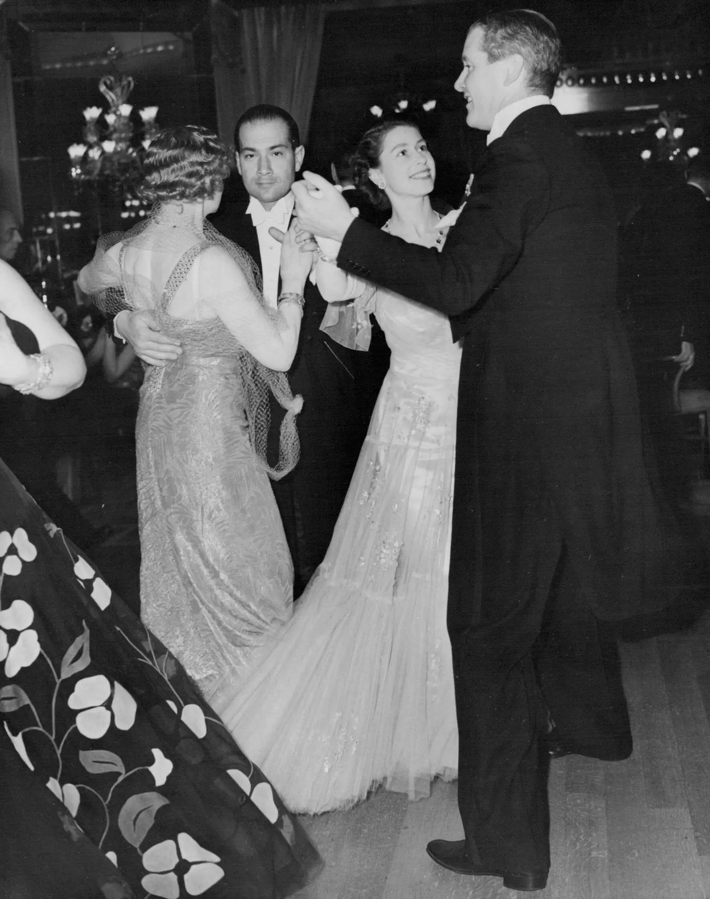 The future Queen dancing at the Dorchester Hotel in 1951.