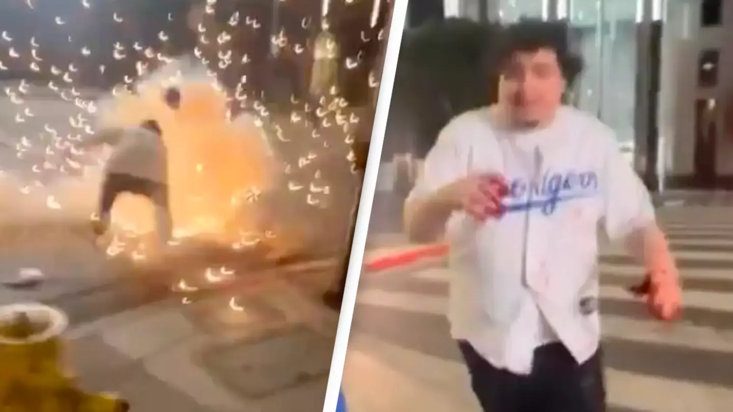 Dodgers fan blows own hands up with fireworks as he celebrates World Series win over New York Yankees